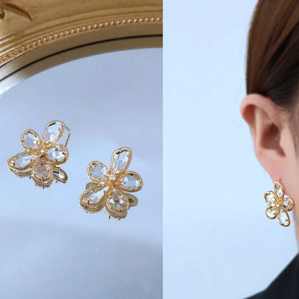 Floral embellished gold and crystal earrings; nwot - Picture 3 of 10